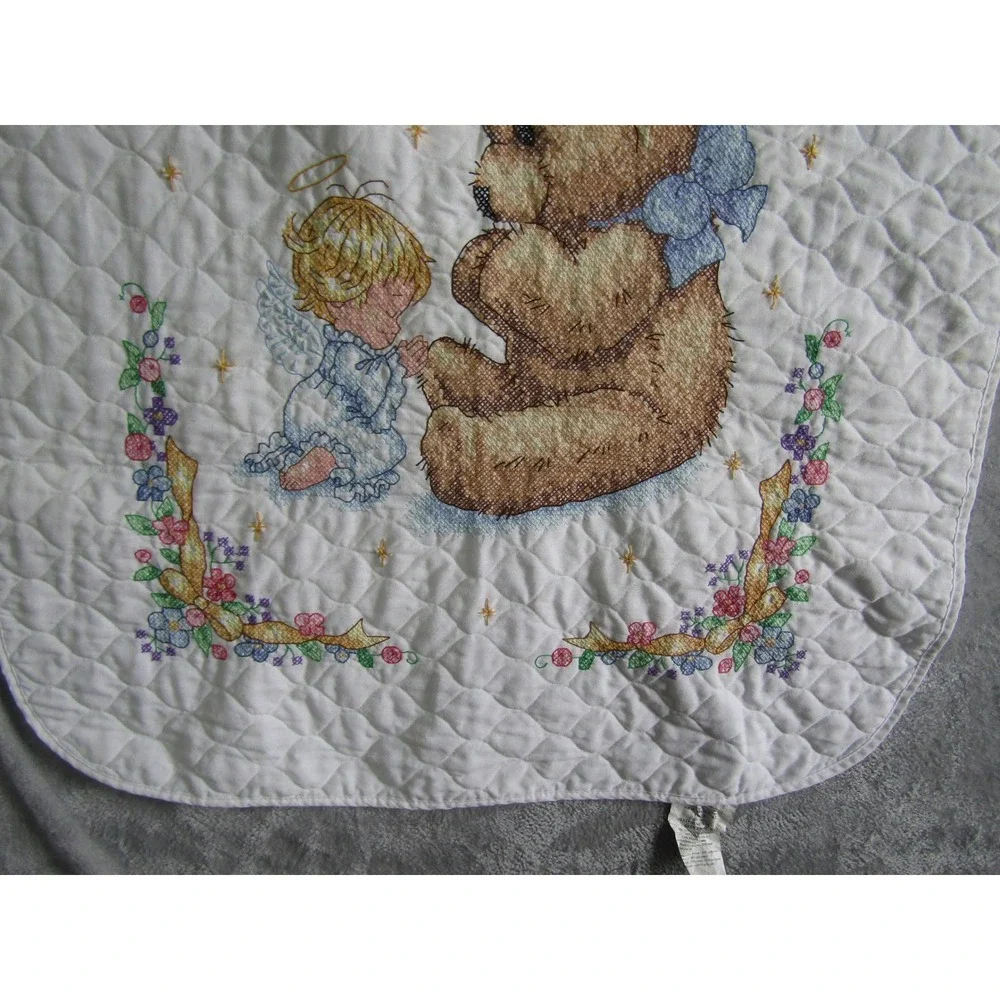 Vintage‎ Quilted Baby Blanket Now I Lay Me Down To Sleep Teddy Bear Angel White